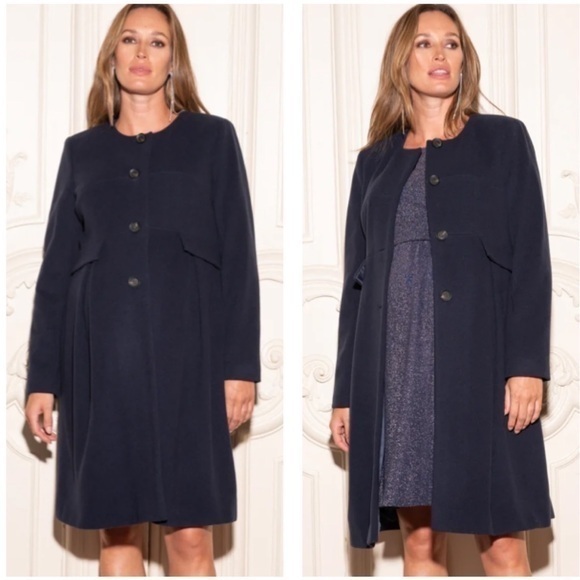 Seraphine Luxe NWT US 10 Navy Blue Italian Wool Cashmere Longline Maternity Coat - Picture 1 of 13